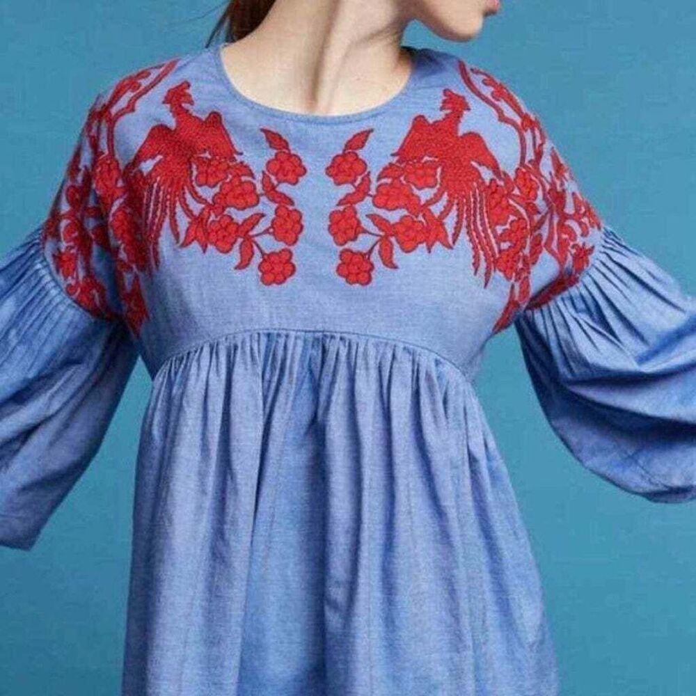 Anthropologie Hemant & Nandita Blue Pleated Top Shirt Medium Red Phoenix Birds B